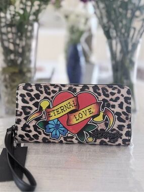 Ed Hardy Pink and Black Leopard 'Eternal Love' Zip Wallet / wristlet